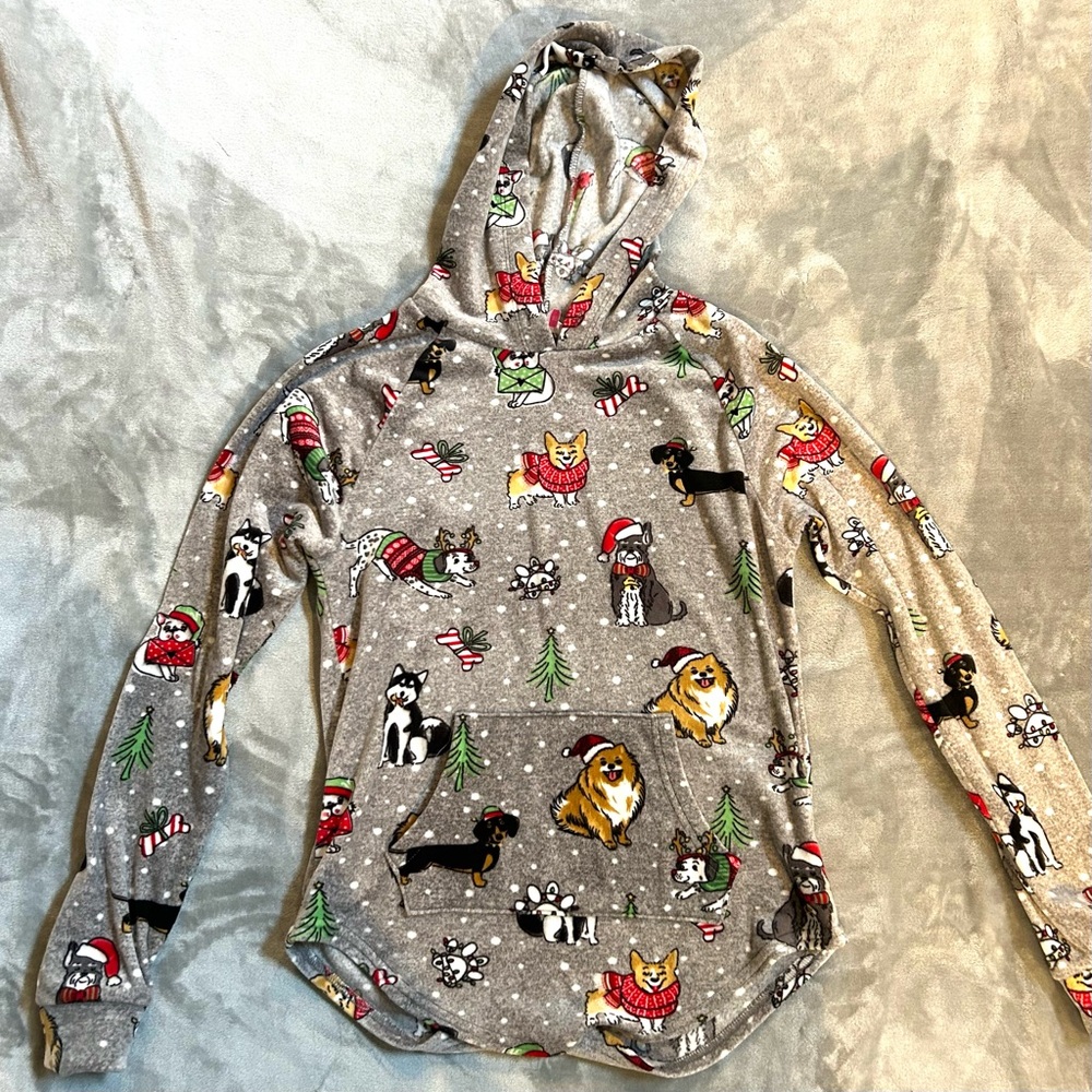 Gray Hoodie with Christmas Dog Print. XS. So soft